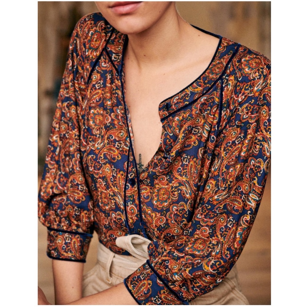 Sezane Paisley Blouse in Navy and Orange